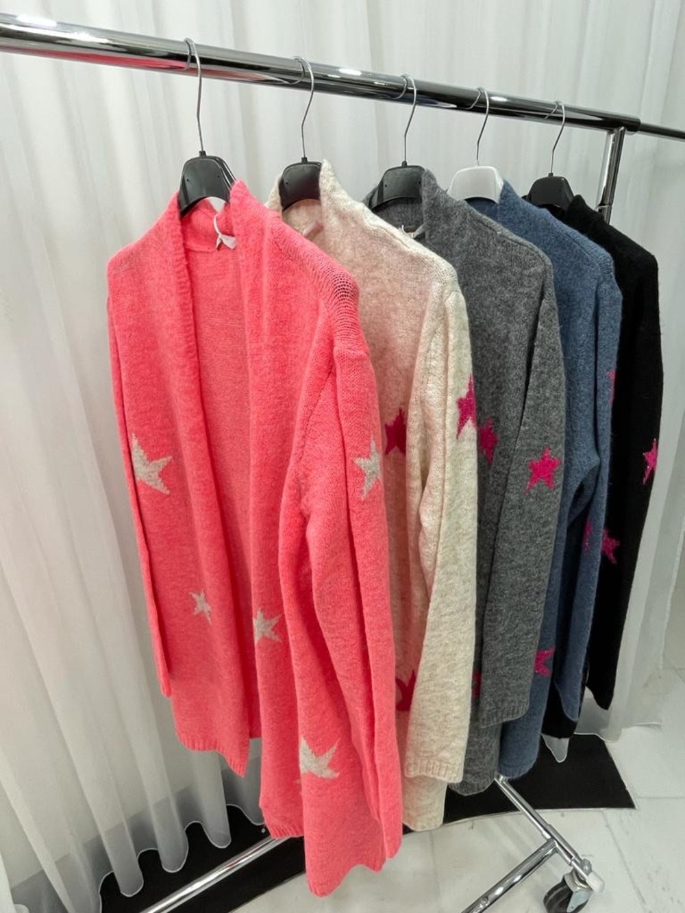 Open-Front Star Accent Pink Cardigan Sweater